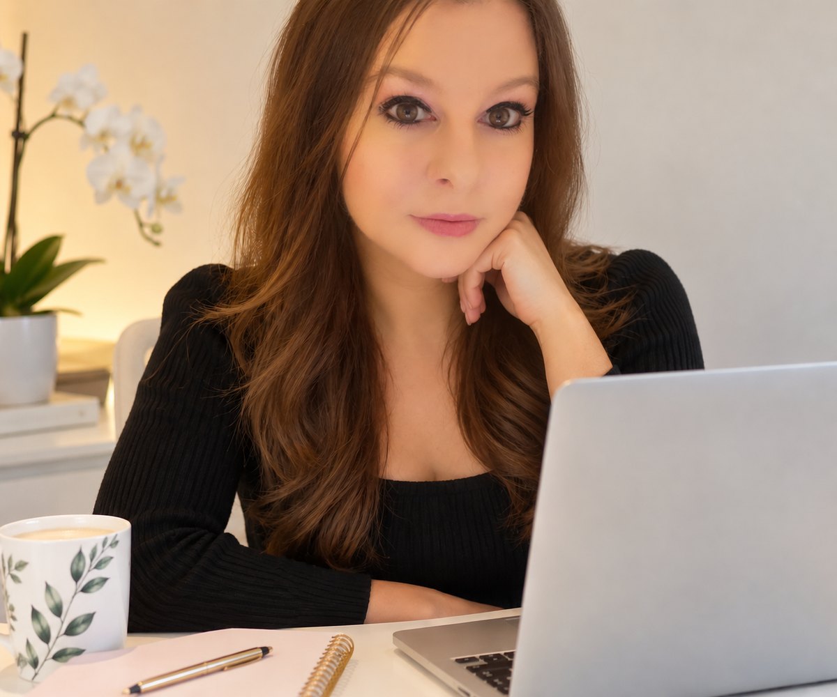 Aimee at her desk with a laptop